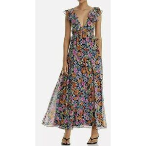 Aqua Black Floral Maxi Dress with Pink & Orange Flowers